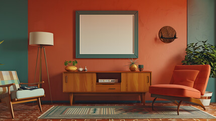 Retro, vintage interior design living room, dining room with an empty mockup poster on the wall
