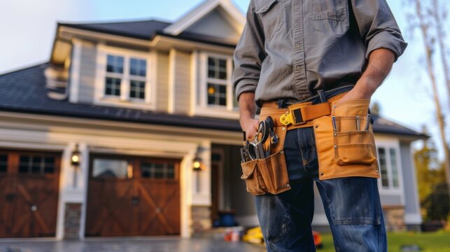 Home service technician with a tool belt in front of a house - Powered by Adobe