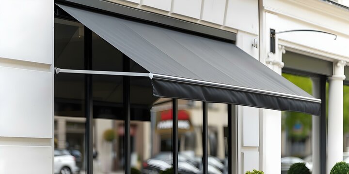 Black Friday promotion at a shop with a black awning. Concept Black Friday Sale, Shop Promotion, Awning Discount, Retail Deals, Shopping Savings