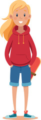 Fototapeta premium Cartoon girl in red hoodie and denim shorts with skateboard, smiling and happy