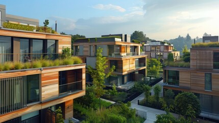 Obraz premium sustainable housing project with wood-clad facades and green roofs