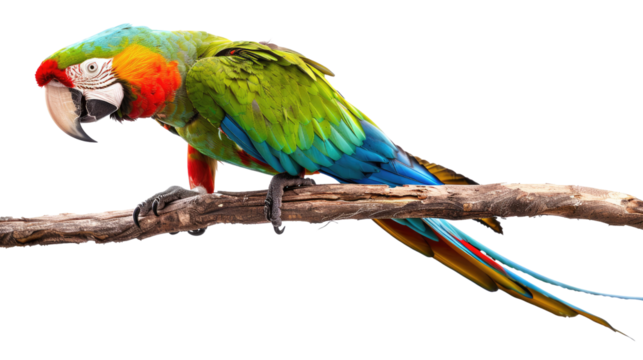 Tropical parrot on a branch on white background