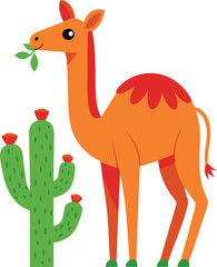 Naklejka premium Colorful cartoon camel eating leaves near a cactus in a desert setting