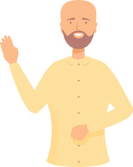 Fototapeta premium Smiling bald man with beard raising hand in greeting gesture