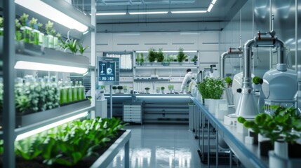 Hydroponics lab room on spacecraft. Organic laboratory scientists and biologists testing plants quality. Farm of the Future