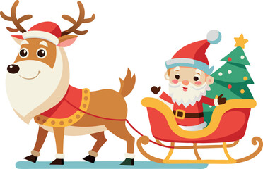 Santa Claus riding sleigh with reindeer and Christmas tree illustration