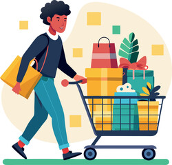 Man pushing shopping cart filled with gifts and bags for holiday season