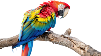 Tropical parrot on a branch on white background