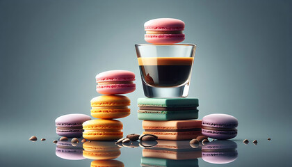 a shot glass of espresso with a stack of macarons on top. There are more macarons and coffee beans scattered around the shot glass.