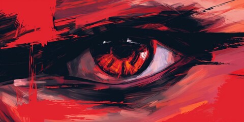 A close-up of a red eye, rendered in a cyberpunk style with bold strokes of red and black paint. The intense gaze of the eye suggests a sense of power and danger.