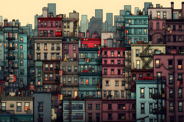 illustrated pixel style city scape, pixel drawn city style, retro city pixel style