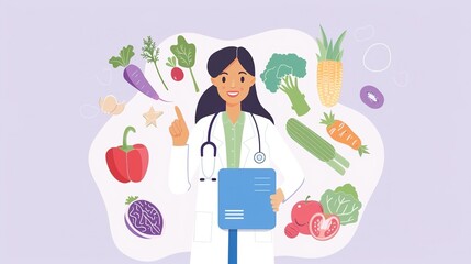 Illustration of a smiling nutritionist with a clipboard, surrounded by various colorful vegetables. Generated