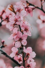 Obraz premium A close-up of pink flowers blooming on a tree branch
