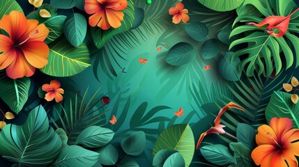 Fototapeta premium Summer banner design, tropical elements on green and color background