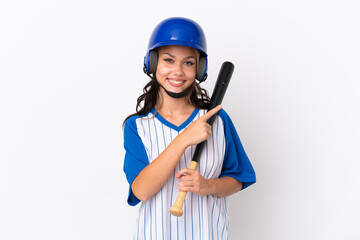 Baseball Russian girl player with helmet and bat isolated on white background pointing to the side to present a product