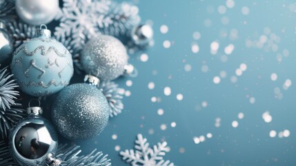 Festive blue Christmas background with delicate snowflakes and vibrant Christmas balls, soft bokeh lights, creating a magical and joyful holiday ambiance