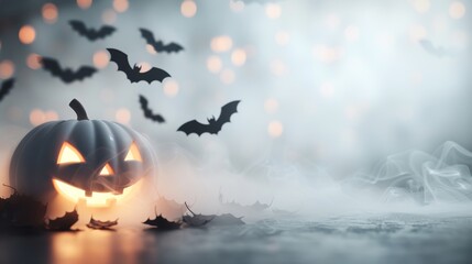 Fog-filled Halloween party, bats swirling around spooky decorations, eerie lighting and cobwebs, large copy space on one side