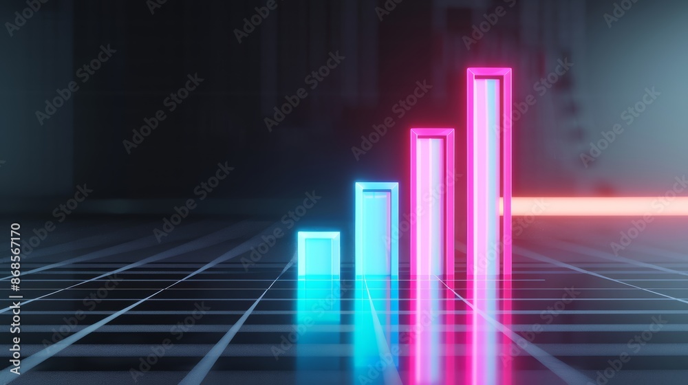 Wall mural futuristic neon bar chart, glowing bars on a glossy dark surface, symbolizing data growth and tech i