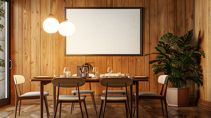 Retro, vintage interior design living room, dining room with an empty mockup poster on the wall