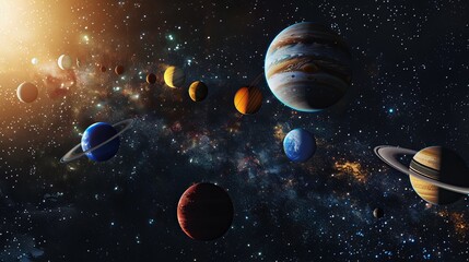 Panoramic Space Planets Background with Distant Solar System Exoplanets - 3D Rendering