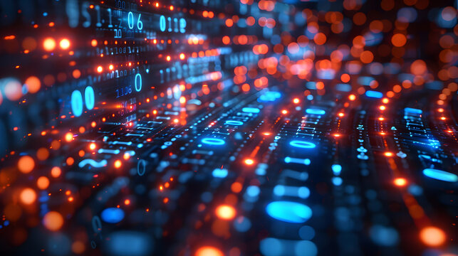 Abstract digital background with blue and red binary code. Futuristic technology and data concept with glowing dots and lines