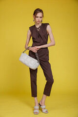 High fashion photo of a beautiful skinny young woman in pretty brown jumpsuit, gray handbag posing on yellow background. Slim figure.