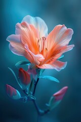 Close-Up of a Vibrant Orange and Pink Flower with Buds Against a Soft Blue Background