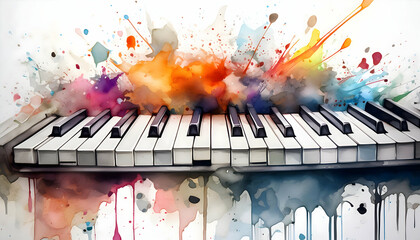 Abstract colorful piano keyboard on watercolor illustration painting background on Generative AI.
