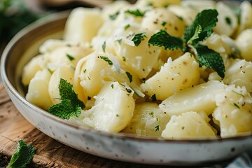 Close-up of a bowl of potato salad garnished with fresh herbs, showcasing the delicious, creamy texture and vibrant green herbs.