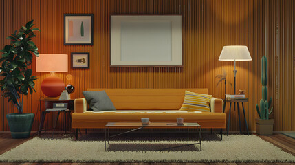Retro, vintage interior design living room, dining room with an empty mockup poster on the wall