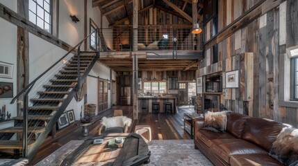 Rustic barn converted into a home with original, aged wood cladding preserved on interior walls