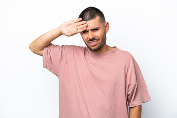 Fototapeta premium Young caucasian man isolated on white background with tired and sick expression