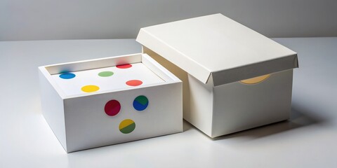 Fototapeta premium A isolated white cardboard box with opened and closed lids, featuring a paper insert and colorful sticker, sits on a light background, symbolizing business gifts.