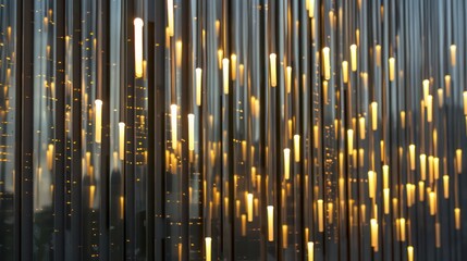Obraz premium Screen wall composed of vertical metal rods, each coated with a luminescent paint that charges during the day and glows at night, offering a guide as well as a decorative element