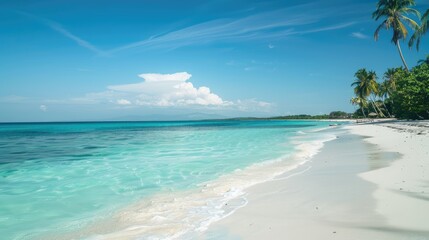 A tranquil beach with white sand, clear blue waters, and palm trees