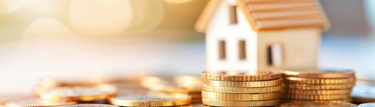 Stacks of gold coins next to a small model house, representing real estate investment, mortgage financing, and homeownership savings concept.