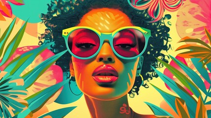portrait of woman in summer wearing sunglasses, retro active pop art, close up, wall paper background
