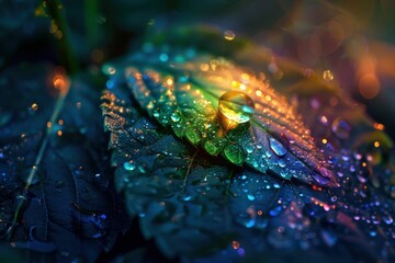 Fototapeta premium Vibrant Macro Shot of Dew-Covered Leaf with Rainbow Light Reflections in Nature