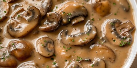 A close-up image of creamy mushroom sauce with whole mushrooms in a white bowl. The sauce is thick and rich, with the mushrooms evenly distributed throughout. The sauce is garnished with parsley.