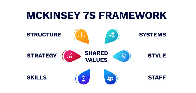Mckinsey 7s framework. Structure presentation strategy and business management design information with analysis of plans and reports for vector clients
