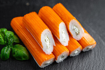crab stick cream cheese and herbs fresh appetizer meal food snack on the table copy space food background rustic top view