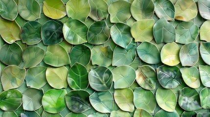 Obraz premium Screen wall featuring a grid of interlocking ceramic leaves, each leaf a different shade of green, creating a vibrant, natural mosaic that enhances any outdoor space