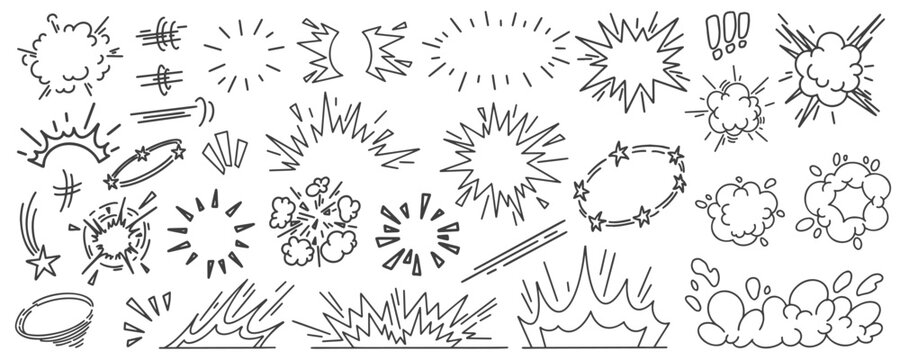 Comic boom effect. Cartoon vector bomb burst. Bang and pow splashes. Doodle smoke and speed energy lines. Action crash hand drawn graphic