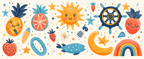 Summer vibe. Set of cute vector illustrations: logo, watermelon, resort, strawberry, swimsuit, sunglasses, sun, starfish, steering wheel, pineapple, rainbow, lounger, inflatable ring, umbrella