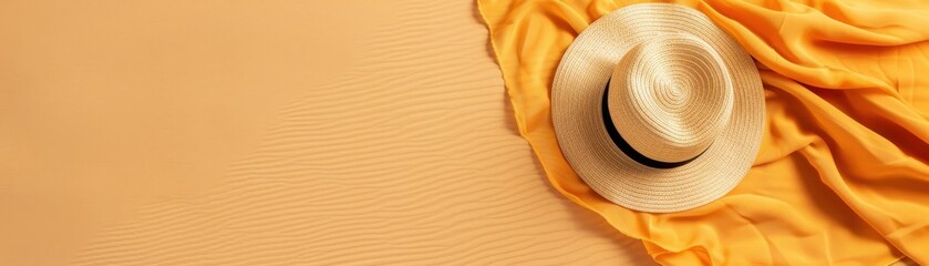 Top view of a stylish white hat and yellow fabric on a beige background, evoking a summer vacation or beach vibe. Minimalist and elegant composition.