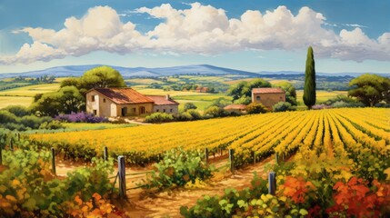 Fototapeta premium Illustration painting beautiful countryside landscape with colorful fields