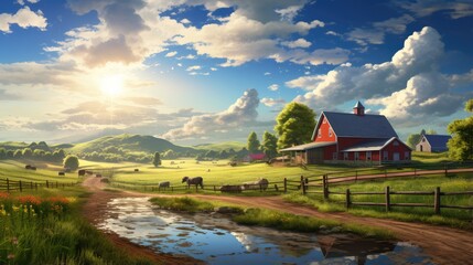 Obraz premium Illustration morning landscape on countryside farm scene