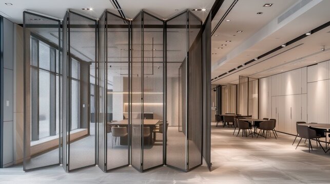 Screen wall featuring collapsible frames of lightweight aluminum, each frame covered in a breathable mesh that filters light and maintains an airy feel