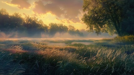 Fototapeta premium A tranquil meadow at dawn with mist rising and the first light of day