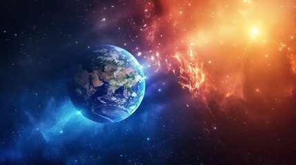 Planet Earth in Deep Space with Blue Nebula and Glowing Sun, Outer Space Dark Wallpaper